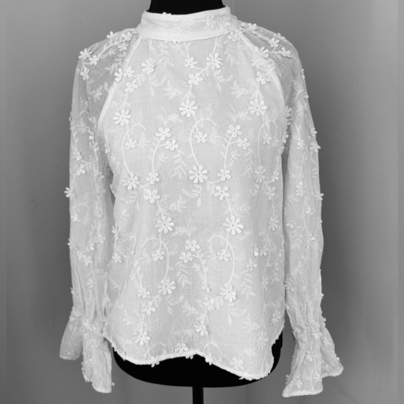 Lulus Charismatic Romantic Embroidered Mock Neck Blouse Top, White, Size S - Picture 6 of 13